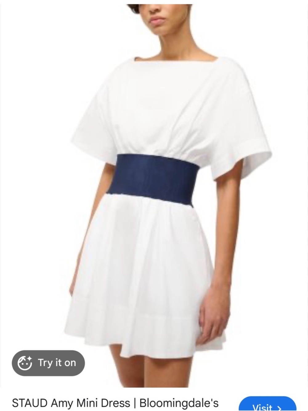 STAUD White Mini Dress with Navy Waistband